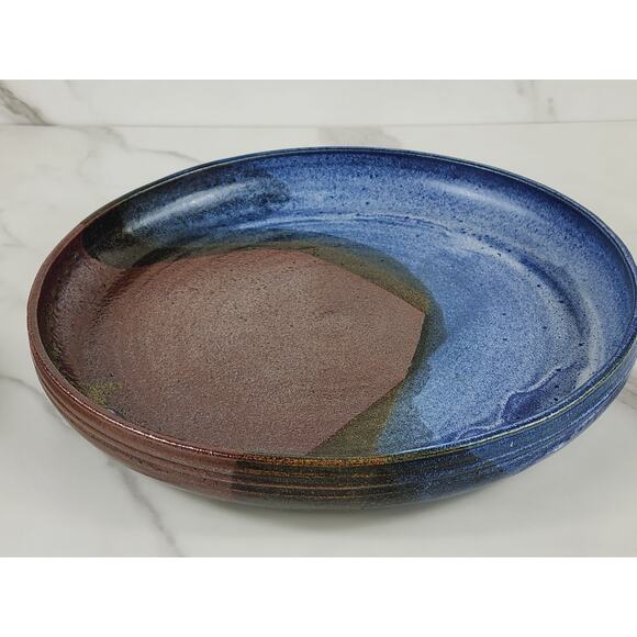Chip & Dip Bowl Serving Platter Handmade Blue Pottery 10 1/2" Carolyn Cole Vtg - Picture 8 of 16